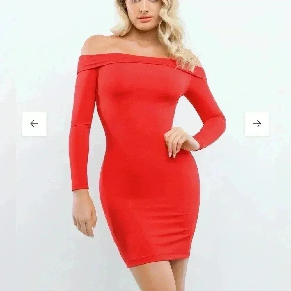 POPILUSH Shapewear Dress Off Shoulder Long Sleeve Midi - Holiday Red